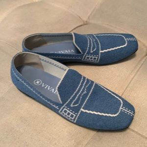 Vivaia Eco Friendly Knit Washed Denim Blue Slip On Square Toe Penny Loafer.